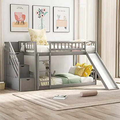 Wooden Low Bunk Bed with Slide Storage Stairs Ladder Grey Twin Over Twin Kids Furniture Modern No Box  Spindles