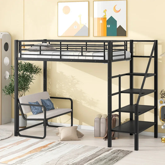 Twin Size Metal Loft Bed with Bench and Storage Staircase,Black Bunk Beds for Kids Bed for Girls From 6 To12 Years Princesses US