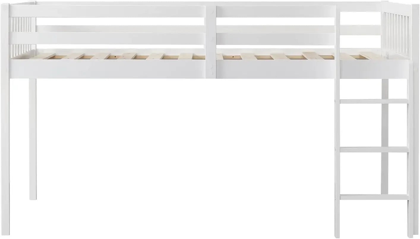 Lit mezzanine simple avec cadre de lit bas pour petits enfants, petite chambre/plafond bas avec garde-corps et échelle, blanc