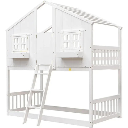 Twin Kids Bunk Bed  Twin Wood Frame with Roof,Window, Window Box, Door, Safety Guardrails and Ladder Sturdy & Security Bunk Bed