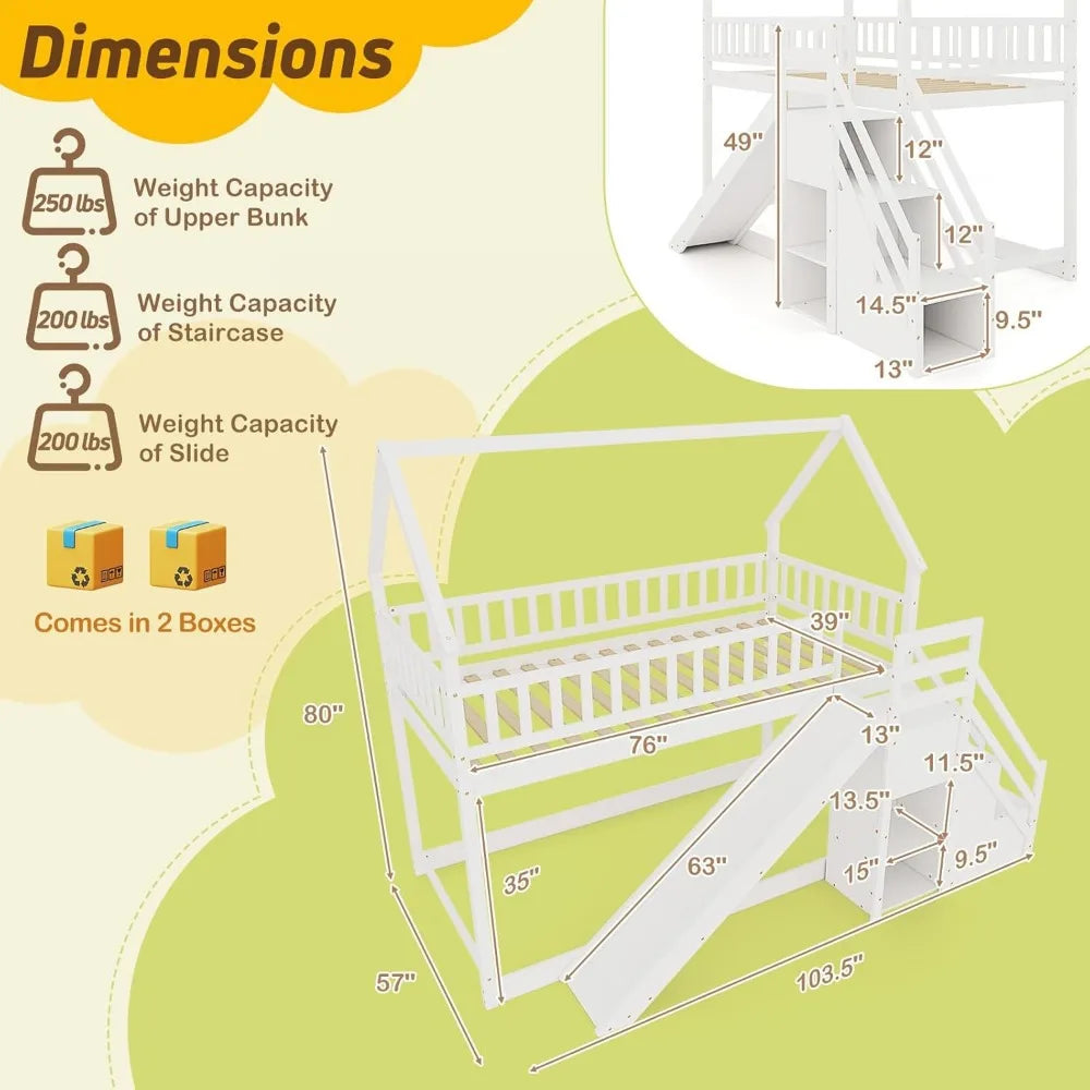 Twin Over with Slide & Stairs, Wood Bunk Bed with Storage Shelves, No Box Spring Needed, Twin Floor Bunk Bed for Kids , White