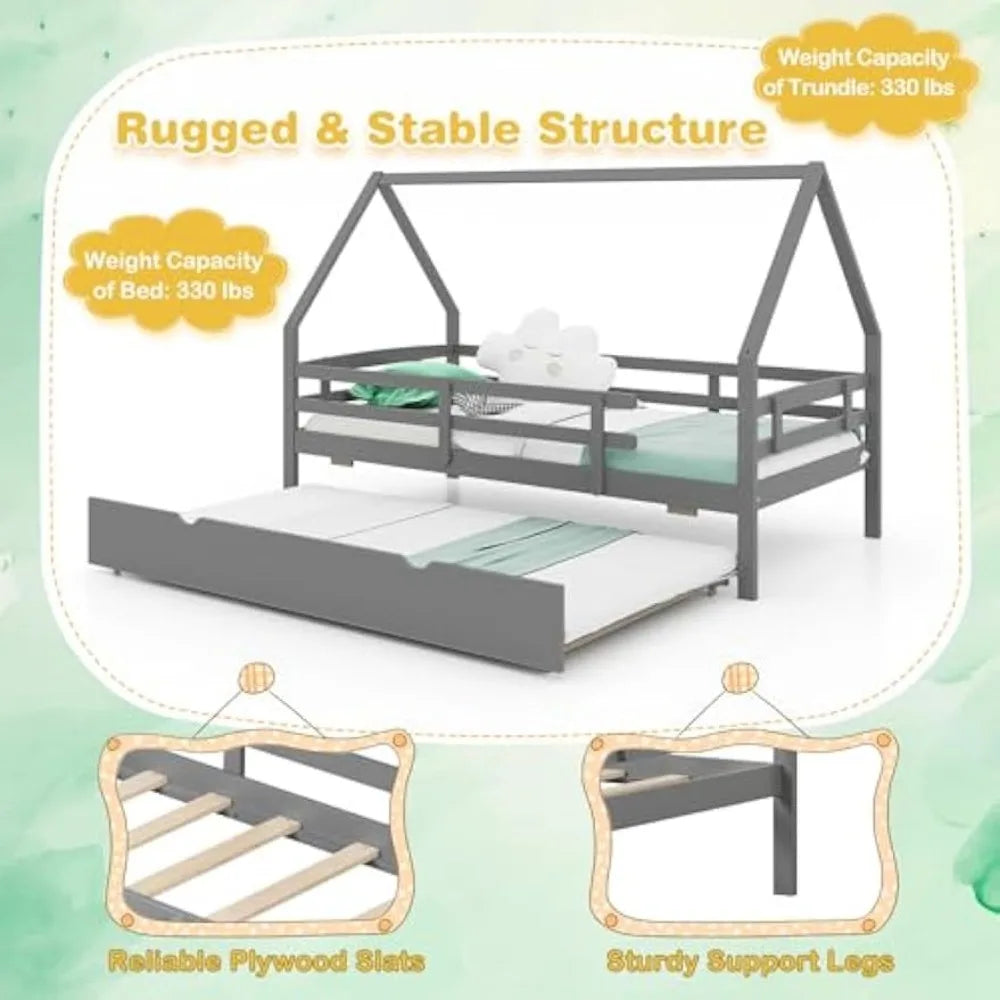 Cama nido para dos personas, estructura de cama infantil de madera con techo y barandillas, cama Montessori para niños, adolescentes, niñas y niños