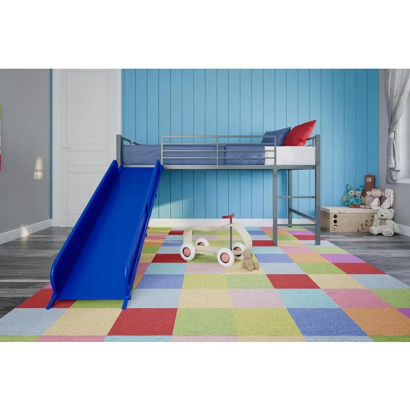 Silver Junior Twin Metal Loft Bed with Slide, Multifunctional Design, Silver with Blue Slide