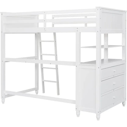 Twin Size Loft Bed with Desk and Dresser, Wooden Bed with Storage Drawers and Shelves for Kids Teens,No Box Spring Needed,White