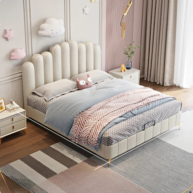 Cama infantil moderna de princesa, elegante cama tipo loft de cuero para niños, juego de dormitorio de lujo para niños, muebles cómodos