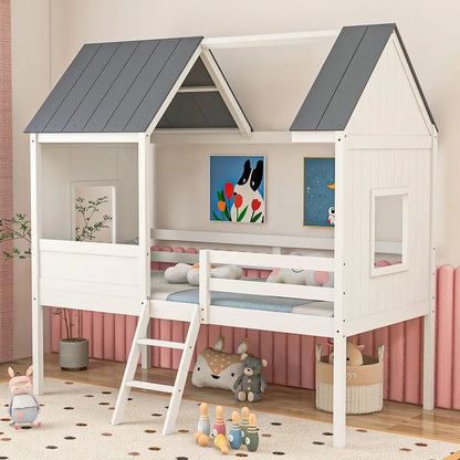 Twin House Bed Frame, Kids Low Loft Bed Frame with Roof, Side Windows & Ladder, Wooden Slatted Support Playhouse Bed for Girls,