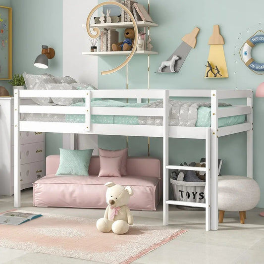 Cama alta para niños con escaleras y barandillas, estructura de madera maciza y resistente para niños, niñas y jóvenes, sin somier