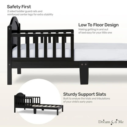 Cama para niños en color negro, con certificación Greenguard Gold, certificación JPMA, diseño de bajo nivel, acabado no tóxico, barandillas de seguridad