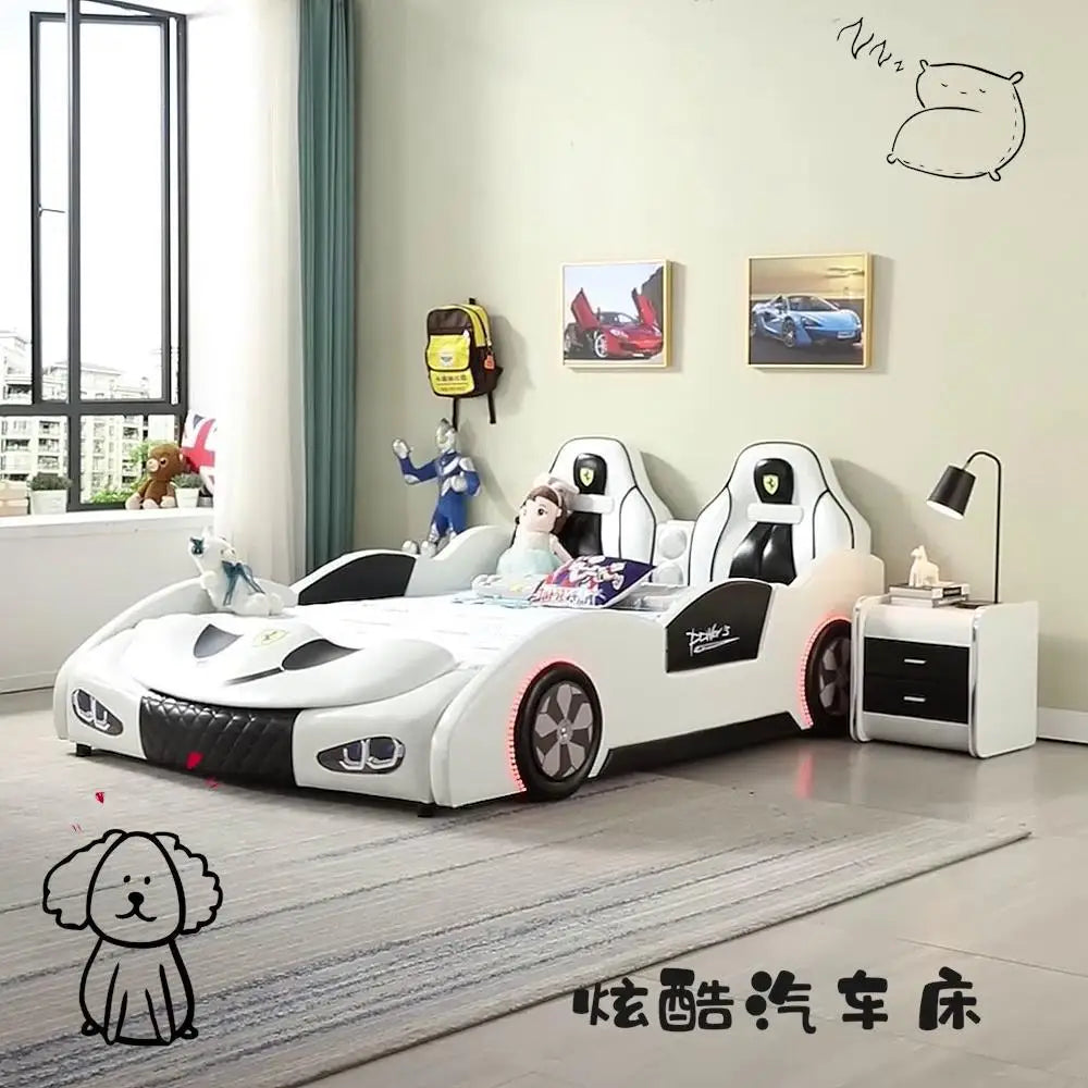 Multifunctional Car-Shaped Children's Bed For Boy Kids Wood Frame Bedroom Versatile Cartoon Stylish Bed With 2 Bedside Tables