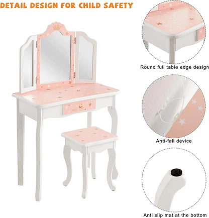 Kids Vanity Table and Chair Set, Girls Vanity Set with Stool, Tri-Folding Mirror, Makeup Dressing Princess Table with Drawer for