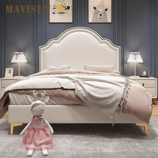 Cama de lujo ligera de cuero para niña, 10 cm de alto, patas de acero inoxidable, marco de madera maciza, muebles, cómoda cama individual para un niño