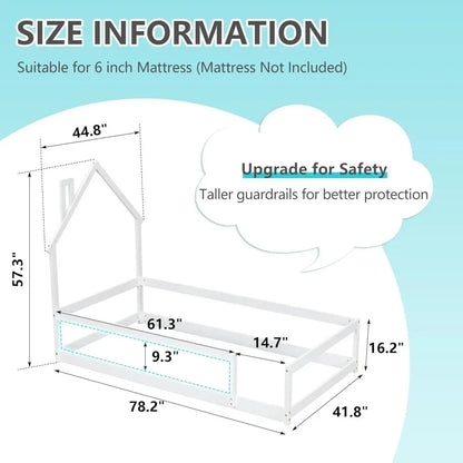 Cama de piso Montessori de tamaño doble para niños pequeños, cabecero de cama con marco en forma de casa moderna con vallas, madera de pino