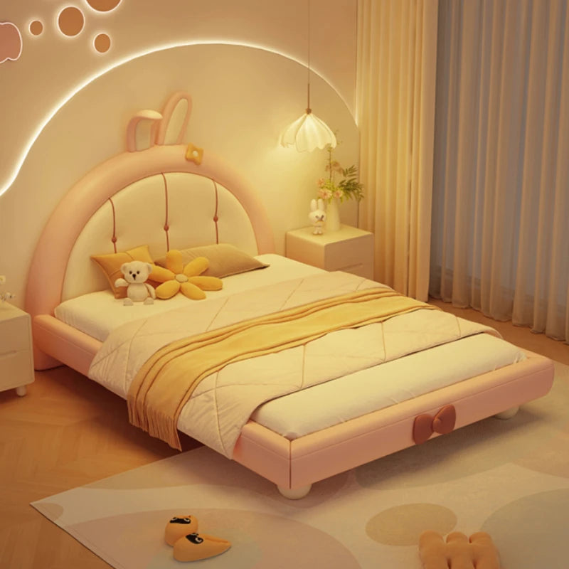 Cama doble suave de princesa para niñas, diseño moderno de lujo, marcos de cama para niños que ahorran espacio, muebles de dormitorio para bebés con iluminación