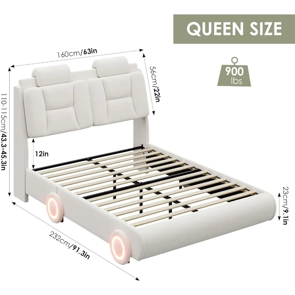 Queen Upholstered Led Bed Frame with Wheels Decor &Adjustable Curved Headboard Modern Car-Shaped Platform Bed Children Furniture