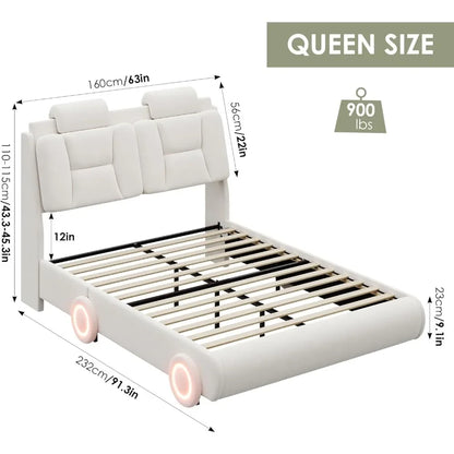 Queen Upholstered Led Bed Frame with Wheels Decor &Adjustable Curved Headboard Modern Car-Shaped Platform Bed Children Furniture