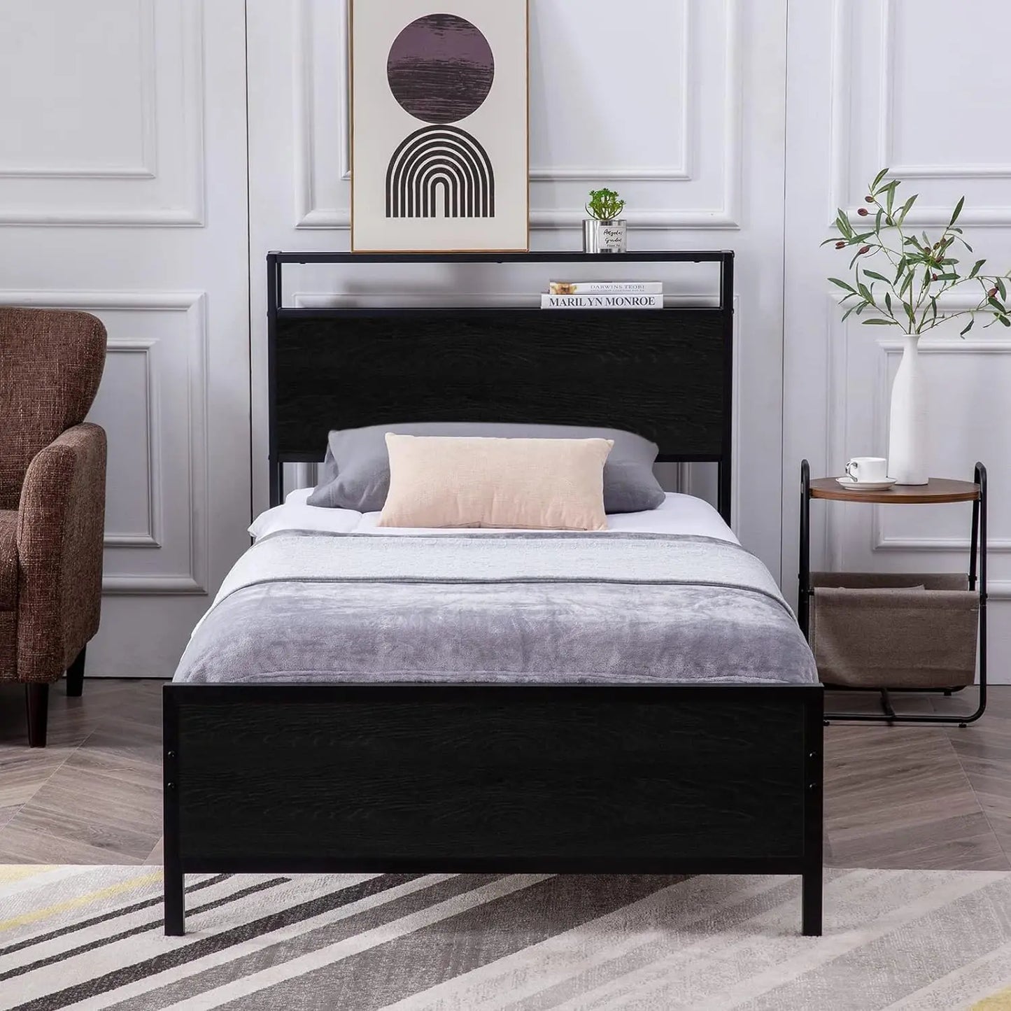 Twin Bed Frame, Platform Bed with 2-Tier Storage Headboard, Solid and Stable, Noise Free, No Box Spring Needed, Easy