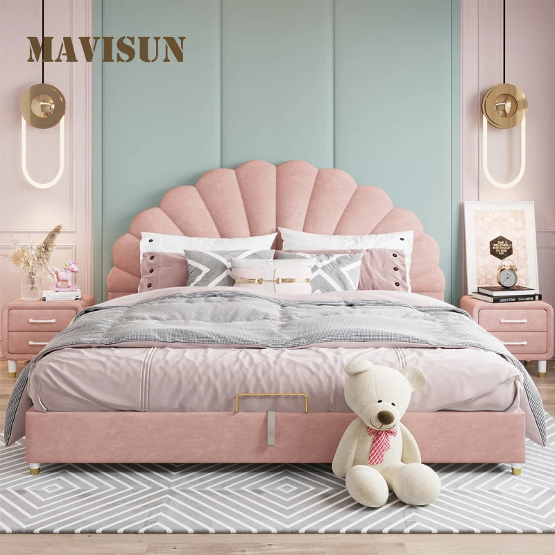 Lit pour enfant en bois massif de couleur rose, grand lit de princesse pour fille de 2 à 14 ans, ensemble de meubles de chambre à coucher pour enfant