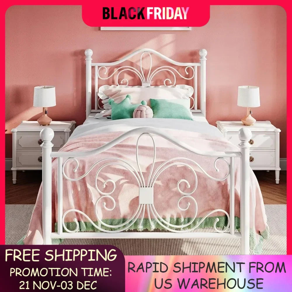 Twin Size Bed Frame for Kids,Metal Bed Frame with Butterfly Pattern Design Headboard & Footboard,No Box Spring Needed