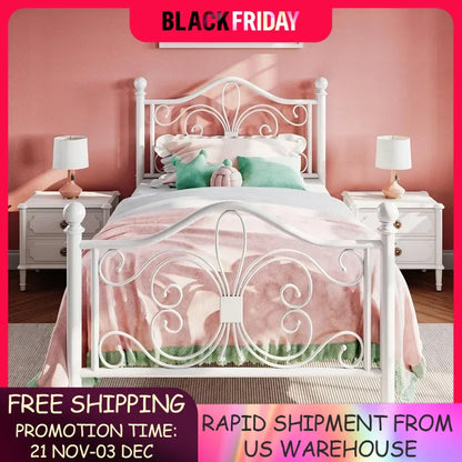 Twin Size Bed Frame for Kids,Metal Bed Frame with Butterfly Pattern Design Headboard & Footboard,No Box Spring Needed