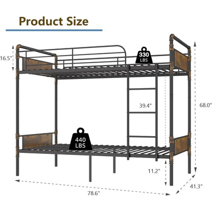 Twin Over Twin Bunk Bed, Convertible Twin Bunk Beds Into 2 Individual Bed, Removable Ladder & Safety Guard Rail for Kids