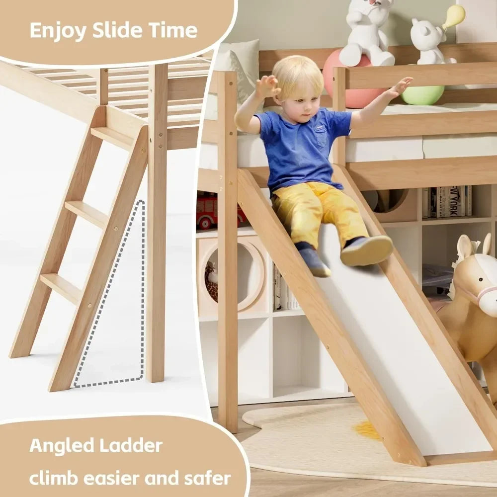 Cama alta baja con tobogán, escalera de escalada intercambiable y espacio de almacenamiento para niños pequeños, estructura de cama alta de madera para dos personas