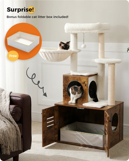 Tour à chat à plusieurs niveaux avec bac à litière pliable pour chat Arbre à chat en bois avec griffoir pour chat Lit pour chaton Accessoires pour chat Jouets pour chat