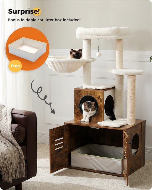 Torre para gatos de varios niveles con caja de arena plegable para gatos, árbol de madera para gatos con poste rascador, cama para gatos, accesorios para gatos, juguetes para gatos