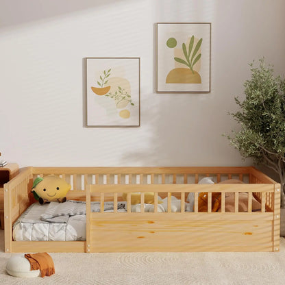 Cama de piso para niños pequeños con valla de seguridad, cama de piso tipo casa de juegos con barandales altos para dormitorio de niños, cama Montessori con madera sólida resistente