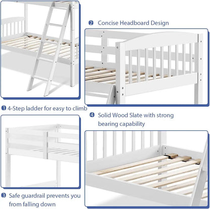 Literas gemelas sobre dos camas individuales, convertibles en dos camas individuales de madera maciza de caucho, muebles de dormitorio para niños con dos camas individuales y 1 cama