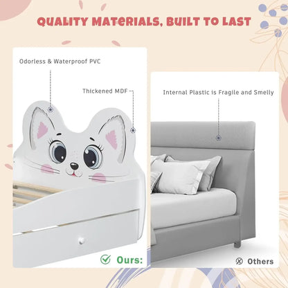 Merax Twin Size Children Cat-Shaped Platform Bed with Trundle, Wooden Bedframe, No Box Spring Needed, White