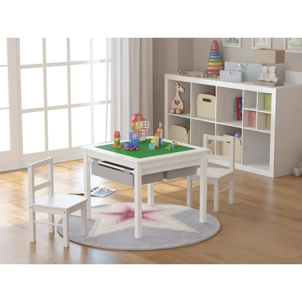 Ensemble de jeu de construction 2 en 1 en bois pour enfants avec table et 2 chaises avec tiroirs de rangement et plaque intégrée compatible avec la table Lego