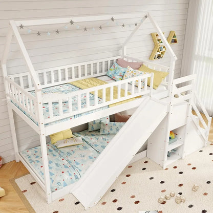 Twin Over with Slide & Stairs, Wood Bunk Bed with Storage Shelves, No Box Spring Needed, Twin Floor Bunk Bed for Kids , White