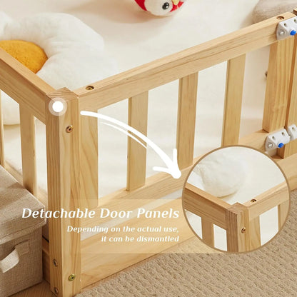 Cama de piso para niños pequeños con puerta y valla para niños, cama Montessori con 12 listones y barandillas de seguridad, cama sólida para niños