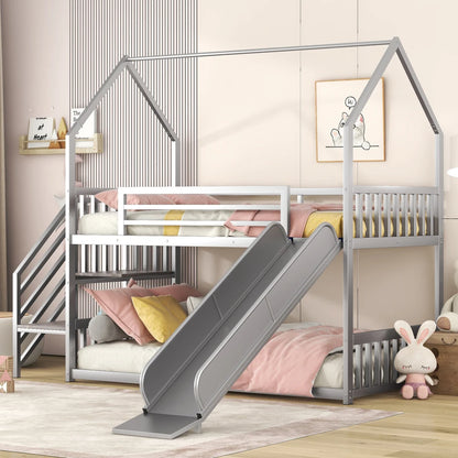 Twin Size Metal Bunk Beds House Bed with Slide and Staircase, Black Bunk Beds with Slide Bunk Beds for Kids Children's Bed Kids