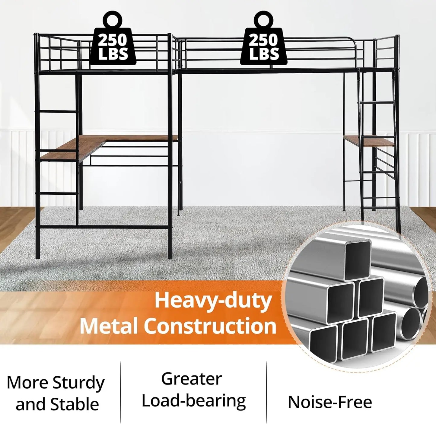 Cama alta en forma de L de tamaño doble con 2 escritorios incorporados Cama alta de esquina de metal con 2 escaleras y barandilla de seguridad Camas pesadas para niños