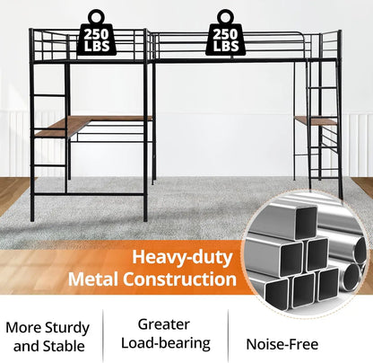 Twin Size L-Shaped Loft Bed with 2 Built-in Desks Metal Loft Corner Bed with 2 Ladders and Safety Guard Rail Heavy Children Beds