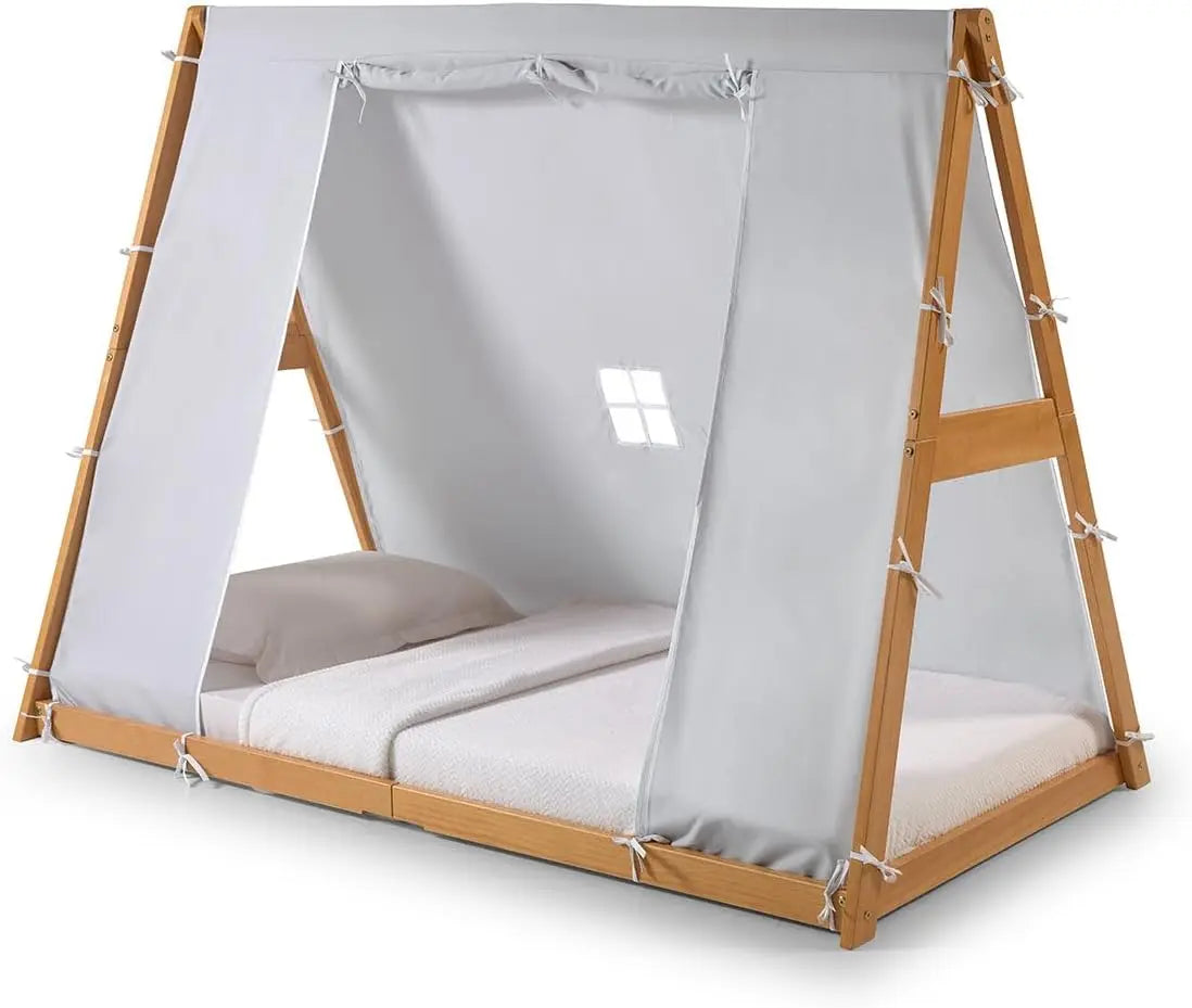 Tent Twin Floor Bed - Natural or White Frame, Grey, Children’s Bedroom Furniture … (Natural Frame)