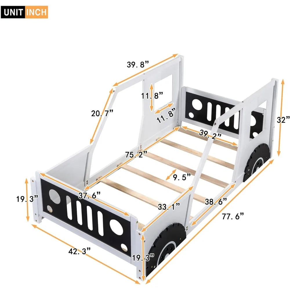 Twin Size Kids Bed, Classic Car-Shaped Platform Bed with Wheels, Wood Twin Floor Bed for Kids Boy Girls, Lightning McQueen Bed