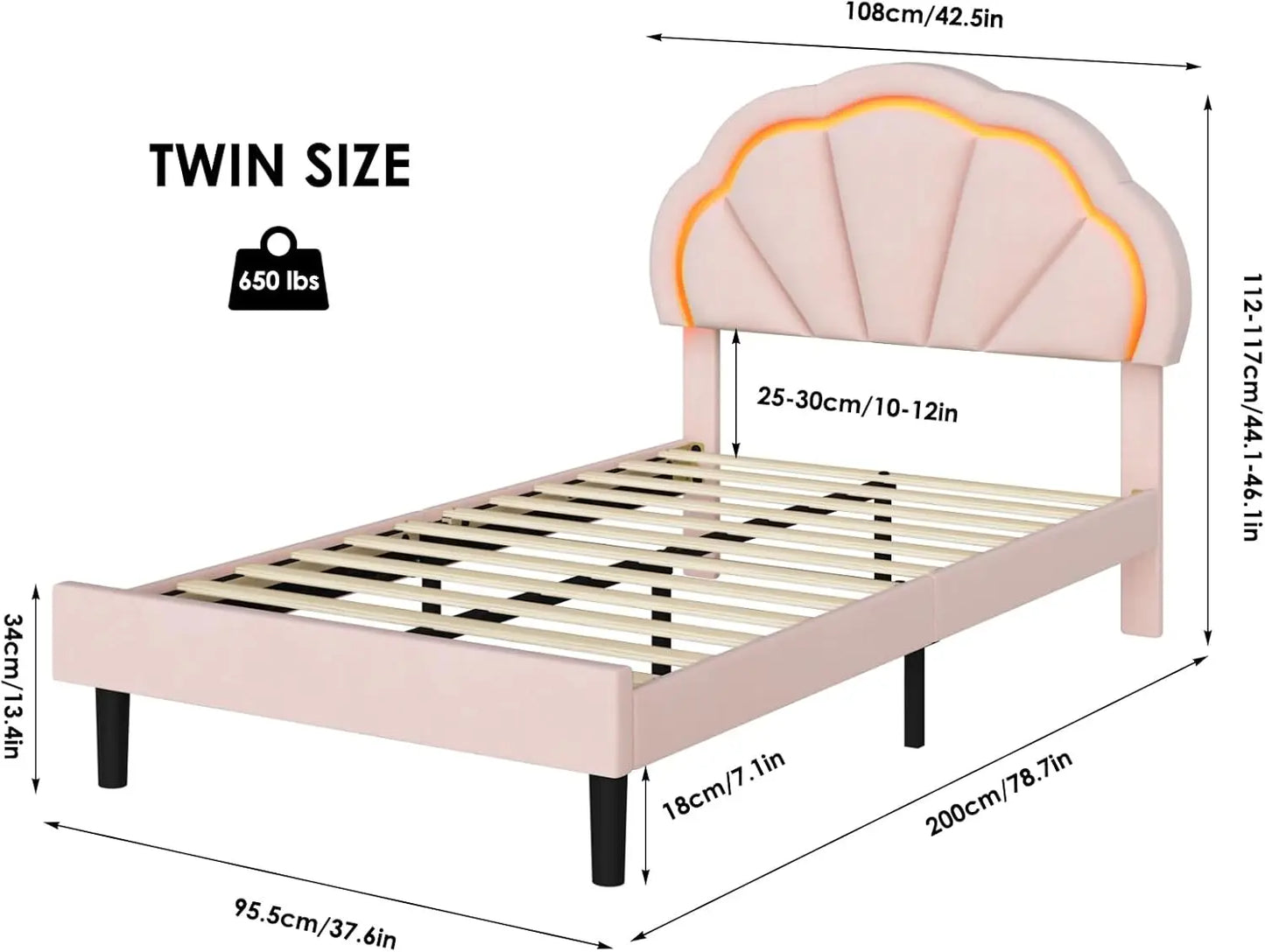 Marco de cama inteligente tapizado con LED y cabecero ajustable con pétalos elegantes, marcos de cama de plataforma tamaño princesa para niños