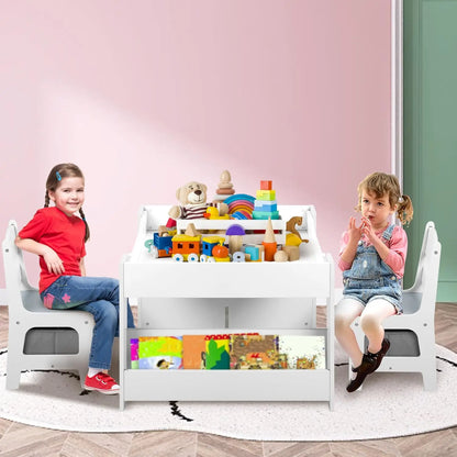 Juego de mesa y 2 sillas de madera para niños Kinder King, mesa de actividades 4 en 1 para niños con estantería doble, pizarra, juego de muebles para niños pequeños