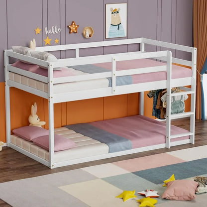 Low Bunk Bed Twin Over Twin, Floor Bunk Bed with Ladder, Twin Bunk Bed with Full Guardrails, Wooden Beds for Kids, Beds