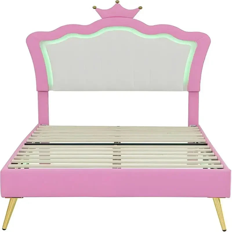 Twin Size Princess Bed with Storage Drawers for Girls,Cute Twin Size Bed Frame for Kids,Twin Upholstered Bed Frame with LE