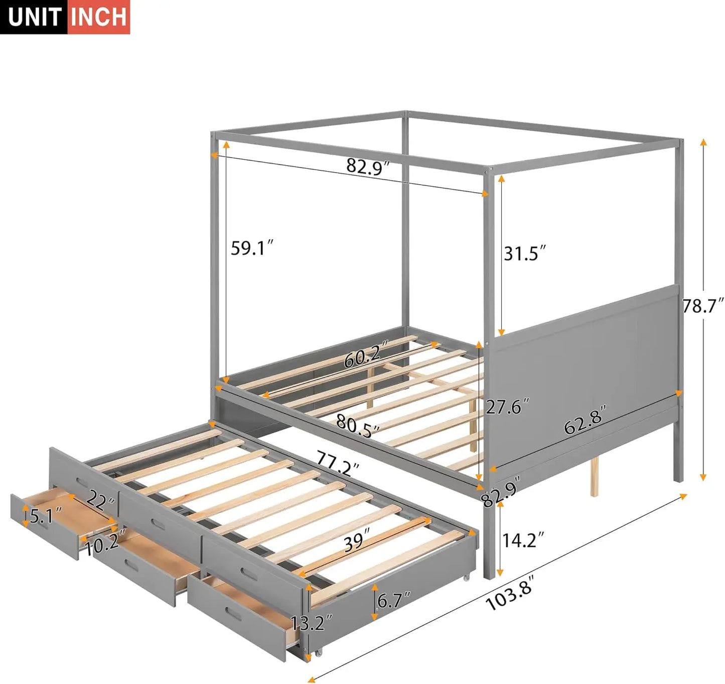 Cama con dosel tamaño queen con cama nido doble y tres cajones de almacenamiento, estructura de cama de madera para niños, adolescentes y niños