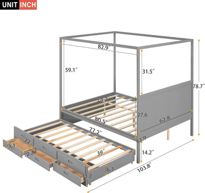 Queen Size Canopy Platform Bed With Twin Trundle And Three Storage Drawers, Wooden Daybed Frame Beds For Kids Teens Boys