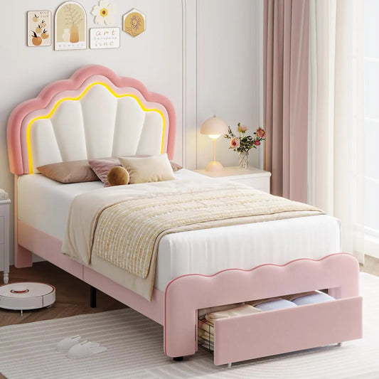 Cadre de lit double rembourré à LED avec tiroir de rangement, joli lit pour fille avec tête de lit réglable en forme de lotus, lit plateforme princesse en velours