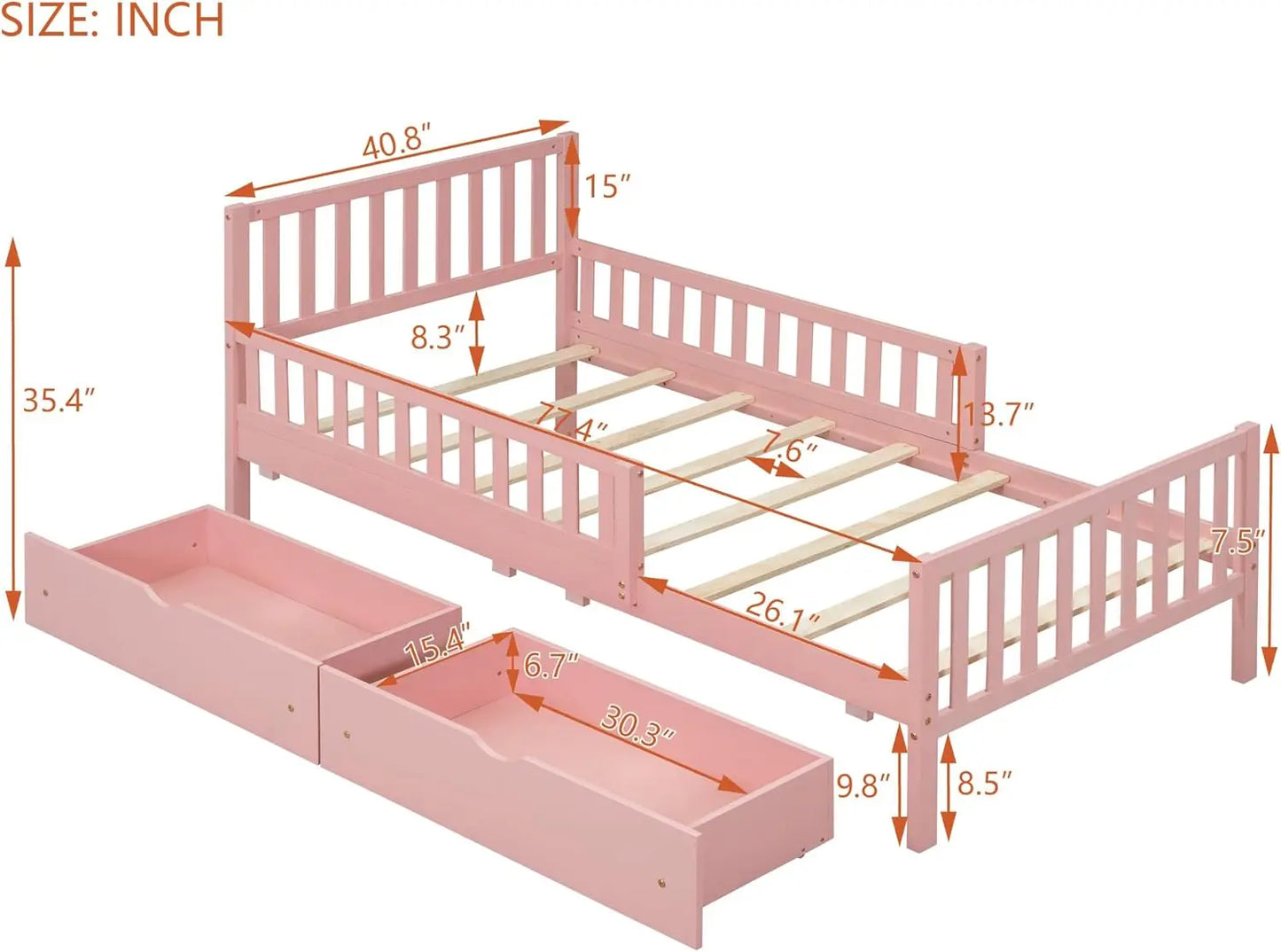 Cama individual con barandillas, cama de plataforma baja con cabecero y pie de cama, estructura de cama infantil rosa con 2 cajones para niño y niña