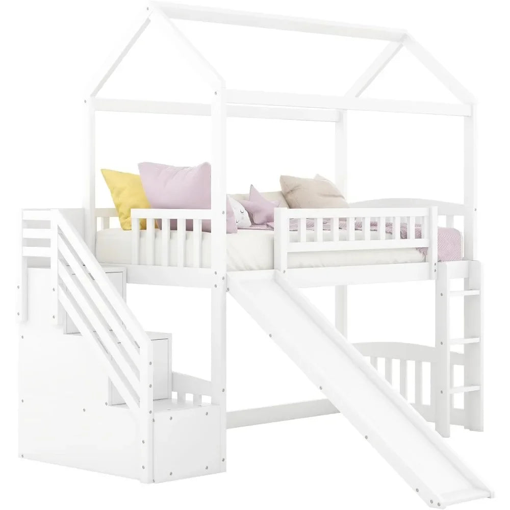 Lit mezzanine avec toboggan, lit mezzanine pour deux personnes avec tiroirs de rangement, lit de jeu avec escalier pour enfants, tout-petits, filles/garçons