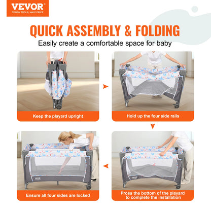 Berceau pour bébé VEVOR Capacité de charge de 77 livres Berceau portable pour bébé facile à plier Lit de chevet avec panier de rangement et roulettes