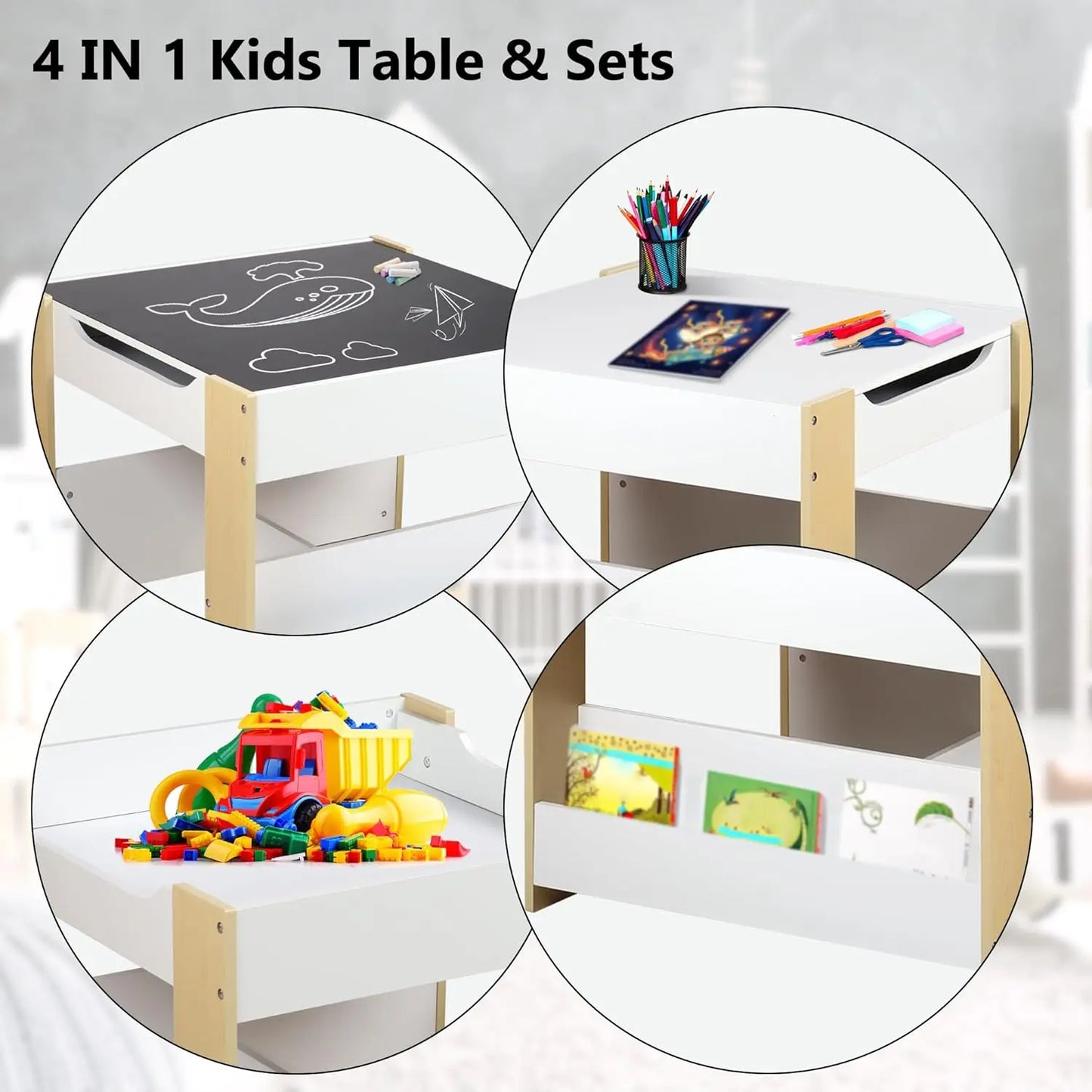 Juego de mesa y 2 sillas de madera para niños Kinder King, mesa de actividades 4 en 1 para niños con estantería doble, pizarra, juego de muebles para niños pequeños