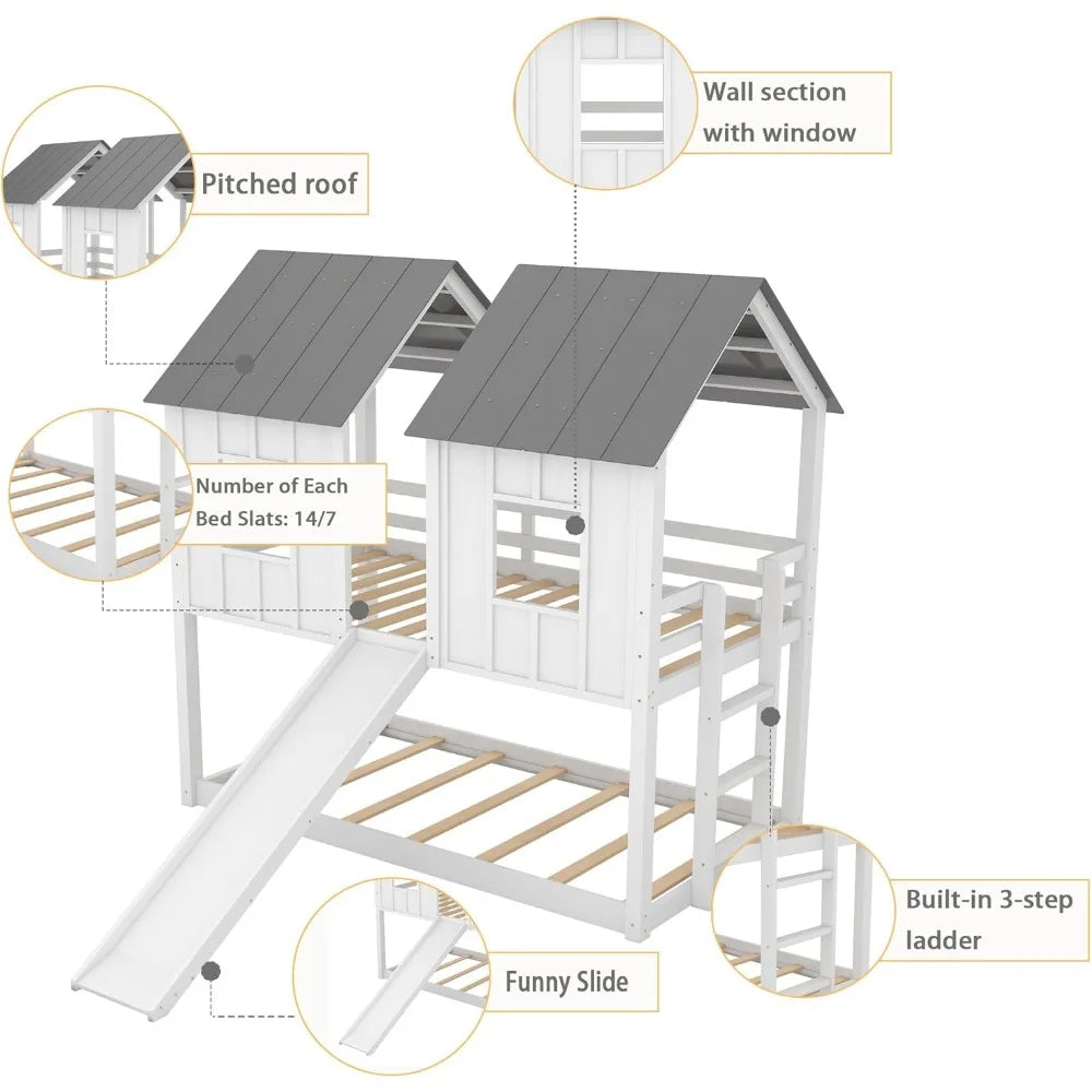 Lit superposé en bois avec fenêtres, échelle, garde-corps et meubles pour enfants de taille double, lits pour enfants modernes Playhouse Bunk Bed